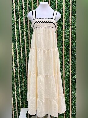 Cream Tiered Maxi Dress with Black Trim